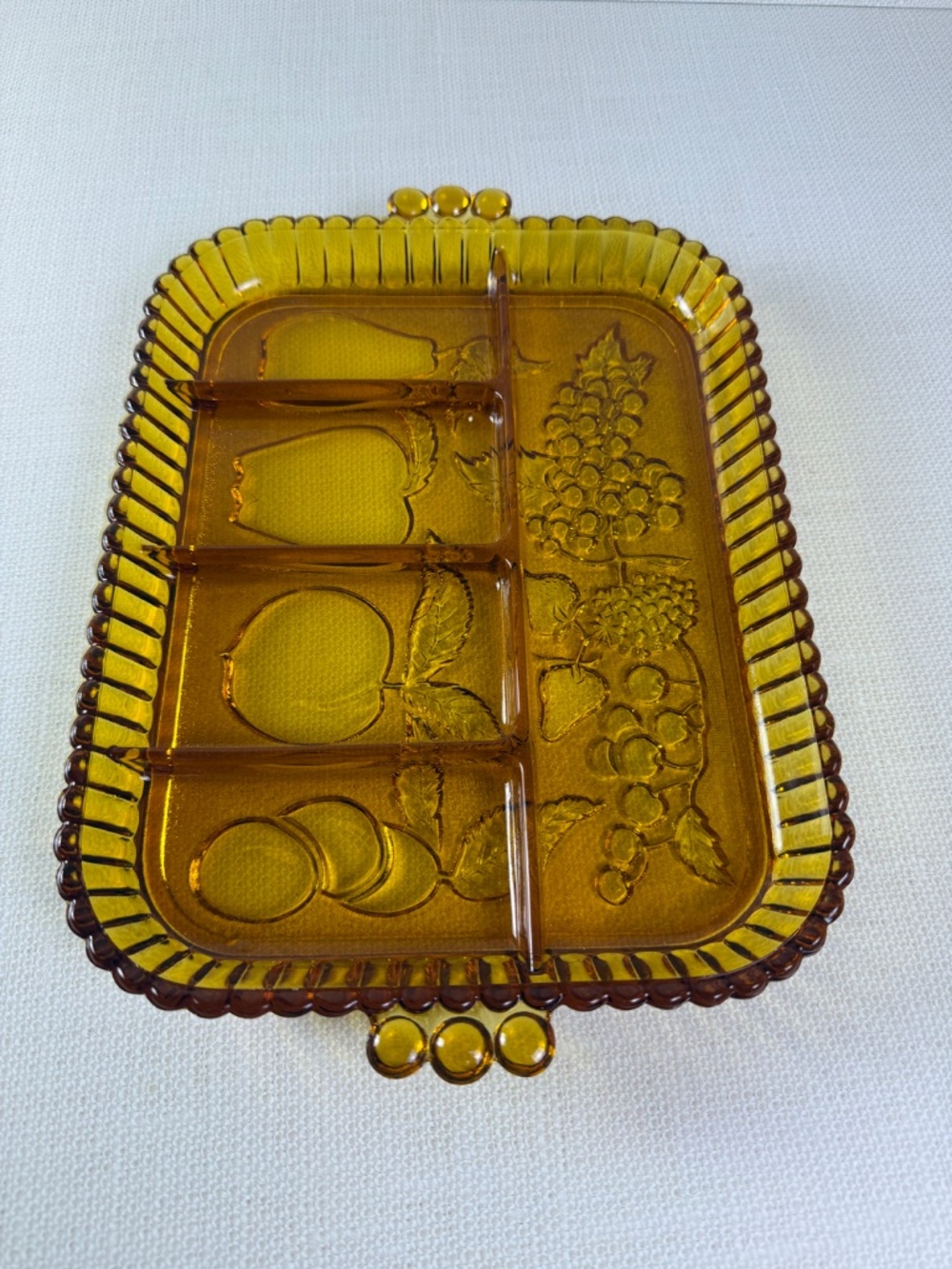 Indiana Glass "Fruits" Pattern Amber Relish Tray — 5-Section Divided Dish - Picture 7 of 9